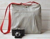 Water proof STOCKHOLM Diaper bag Gray and Ecru Ticking striped Pleated French Messenger - 10 Pockets