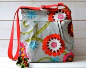 Bright purse Mimosa Gray Diaper bag - Messenger  spring with garnet red pink turquoise flower - Floral