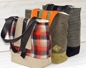 LAST 2 bags /Amy Vintage Wool Tote bag / French Shoulder Bag / Colorful  gingham with leather strap / ready to ship
