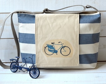Water-resistant NAUTICAL French TOTE Diaper bag/Messenger bag Navy Blue and ecru striped -  8 Pockets