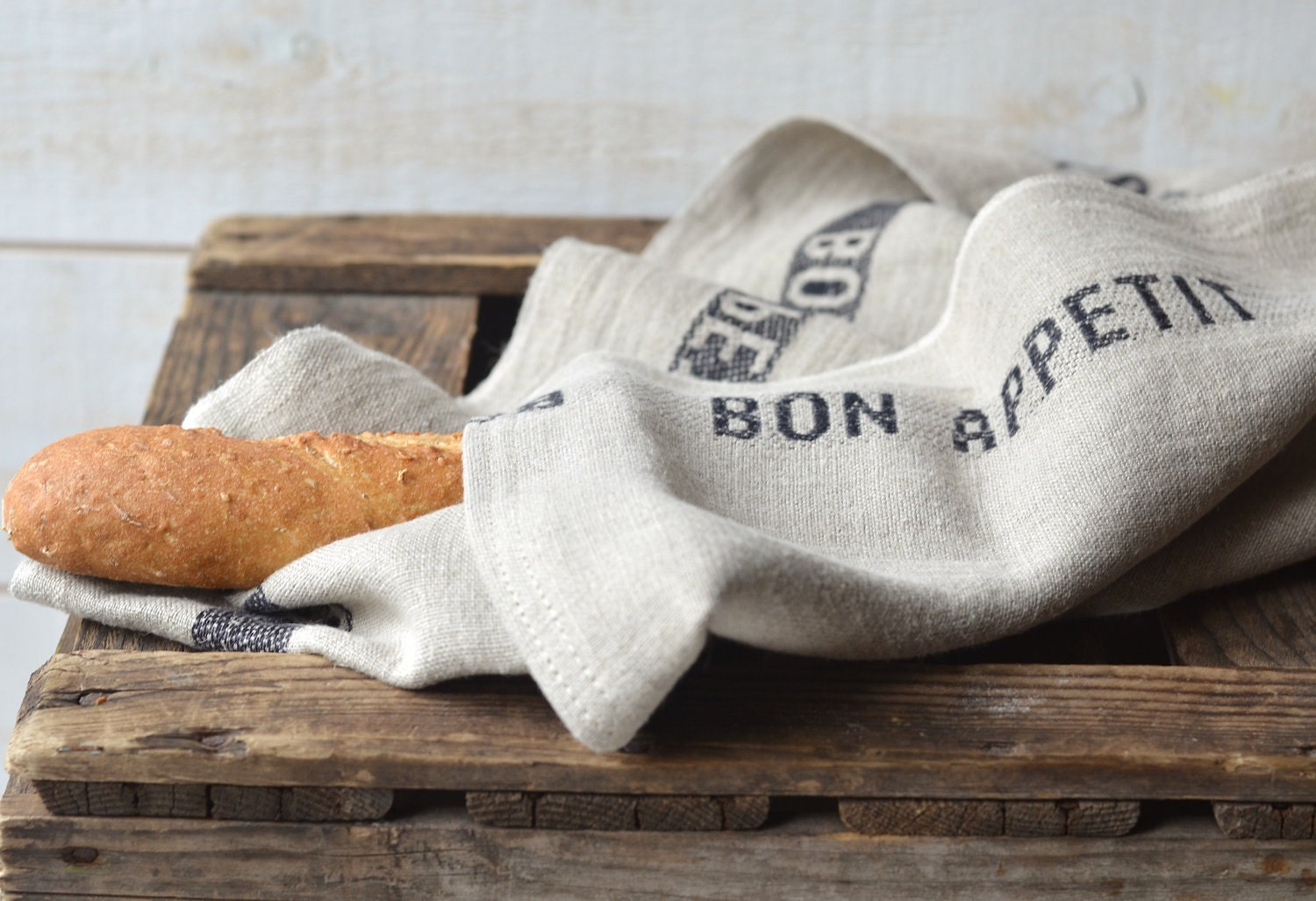 Two NATURAL BON APPETIT Black French country 2 Linen Towel / shabby chic kitchen/ eco friendly gift Natural / sustainable