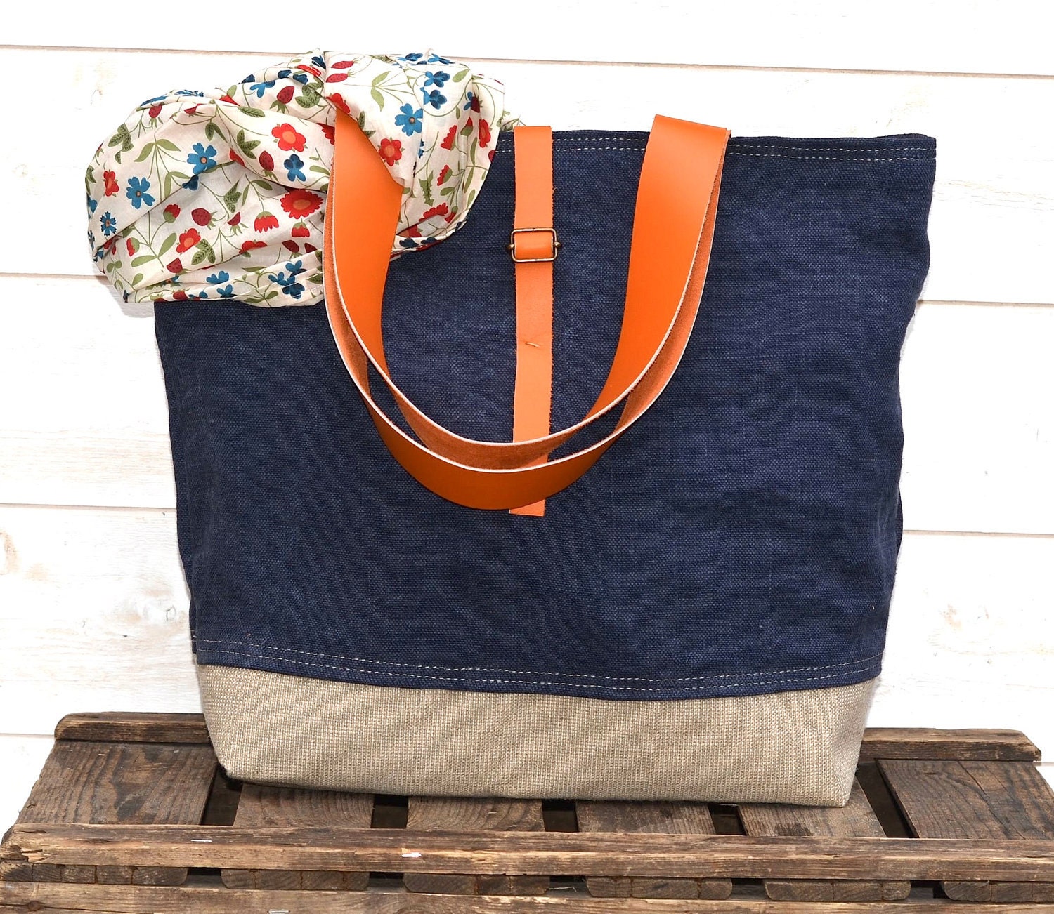 Eco friendly ORGANIC LINEN Dark Indigo Large  French tote bag  with Orange Leather strap / Market tote Bag
