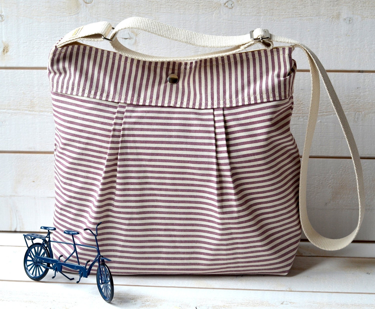 WATERPROOF Diaper bag STOCKHOLM Grape and Ecru Ticking stripes  Pleated French Messenger bag - 10 Pockets  / Made to order