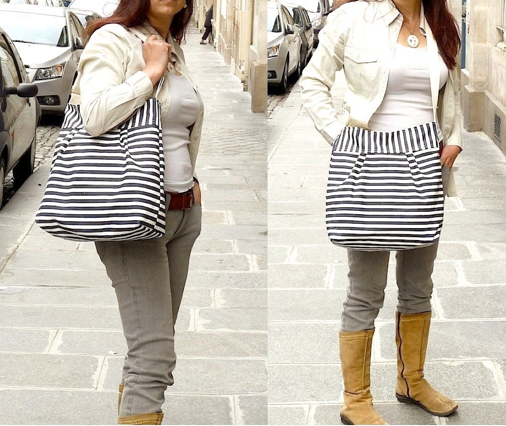 Water Proof -Cross body bag / Diaper bag STOCKHOLM Gray and Ecru Stripes Pleated French Messenger bag - 10 Pockets