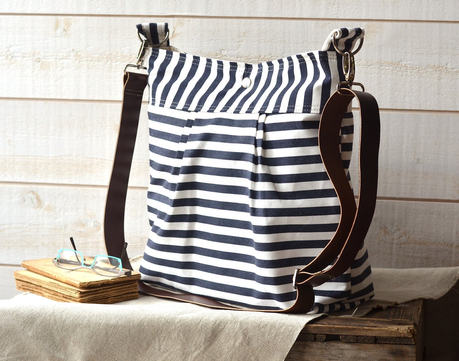 Waterproof BEST SELLER Diaper bag/Messenger bag STOCKHOLM Navy blue and white nautical stripe - 10 Pockets -Baby talk magazine featured