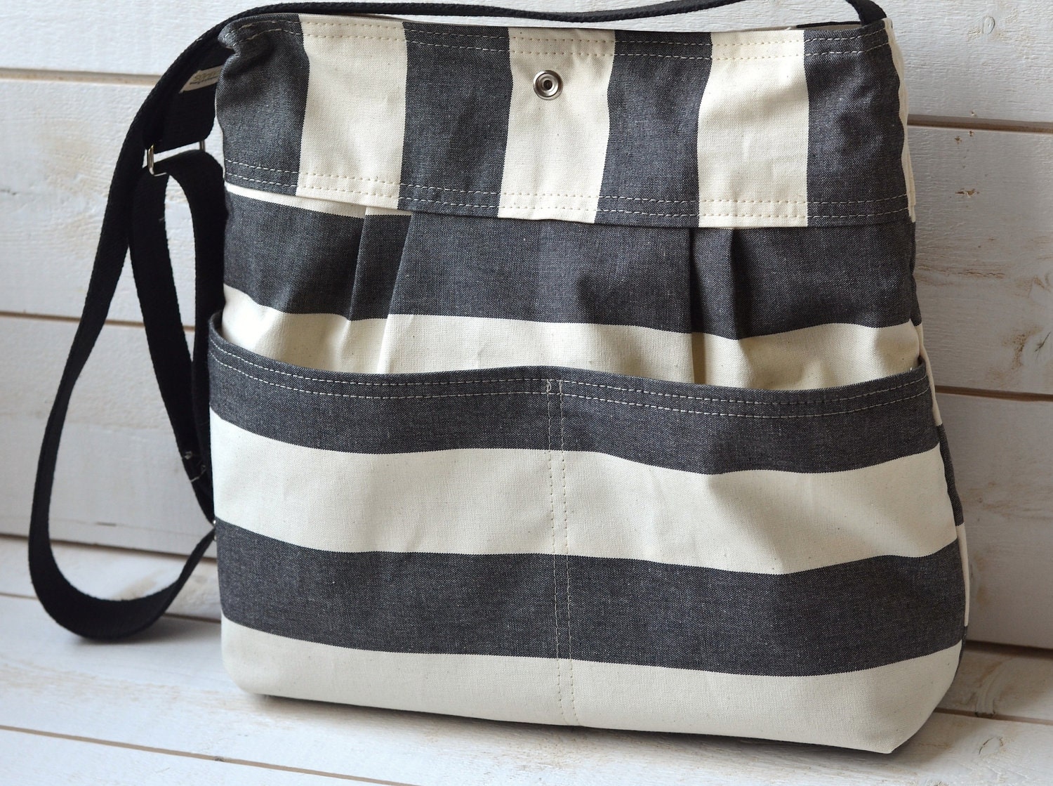 Water Proof -Cross body bag / Diaper bag STOCKHOLM Gray  and Ecru nautical Stripe bag purse  Pleated French Messenger bag - 12 Pockets