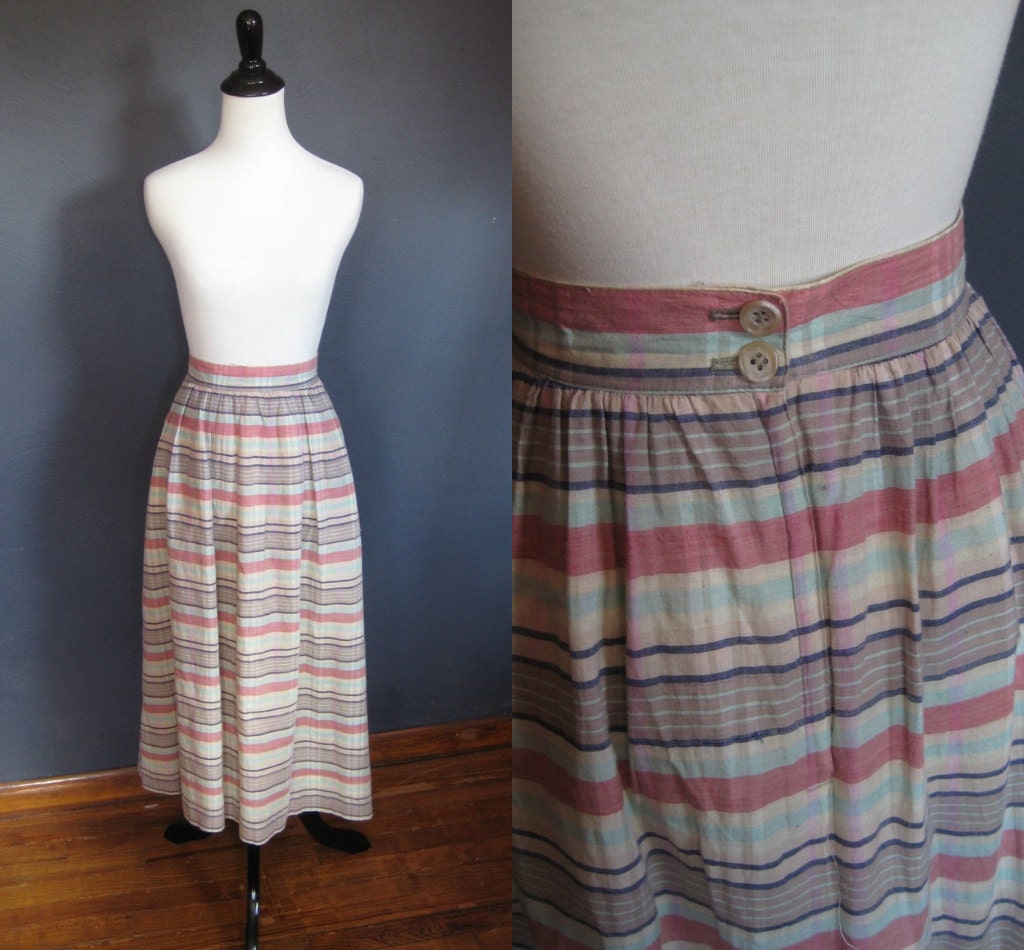 Vintage Full Midi Skirt / Multicolored Neutral Stripes / Size XSmall to Small