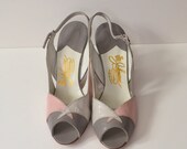 Vintage Gray and Pink Peep Toe Heels / Slingbacks / size 7