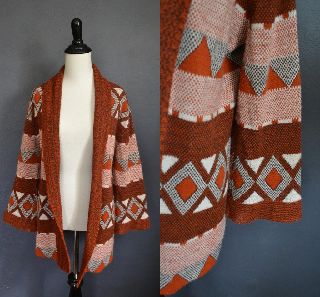 RESERVED 1970s Aztec Cardigan with Bell Sleeves / size small or medium