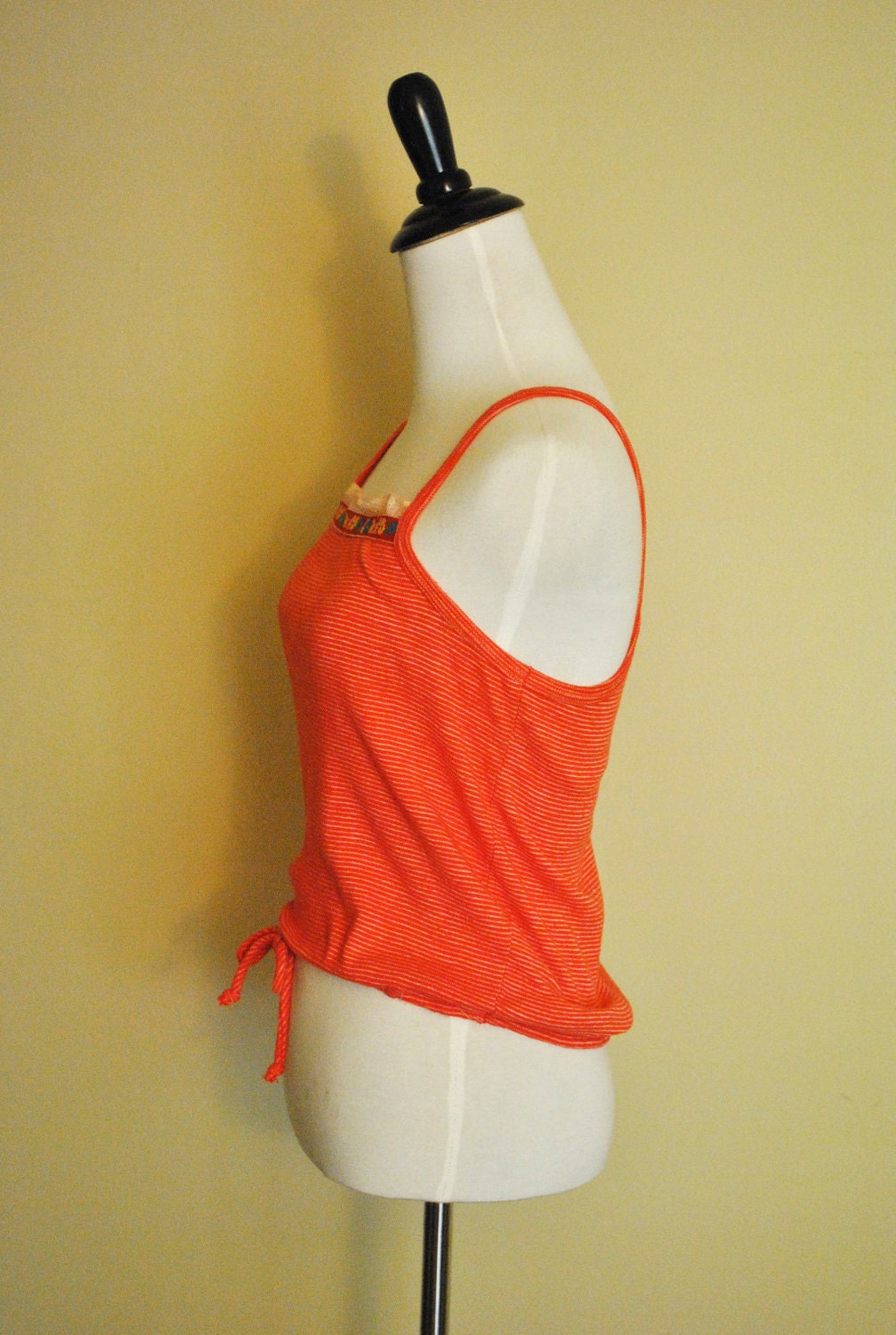 1970s Striped Tank Top with Eyelet Trim and Drawstring Waist / Size Medium