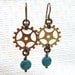Steampunk gear earrings, chrysocolla beads