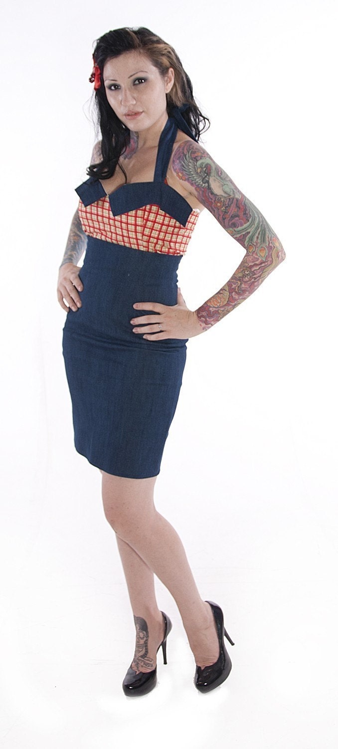 Dark Blue Denim Stretch Pencil Skirt