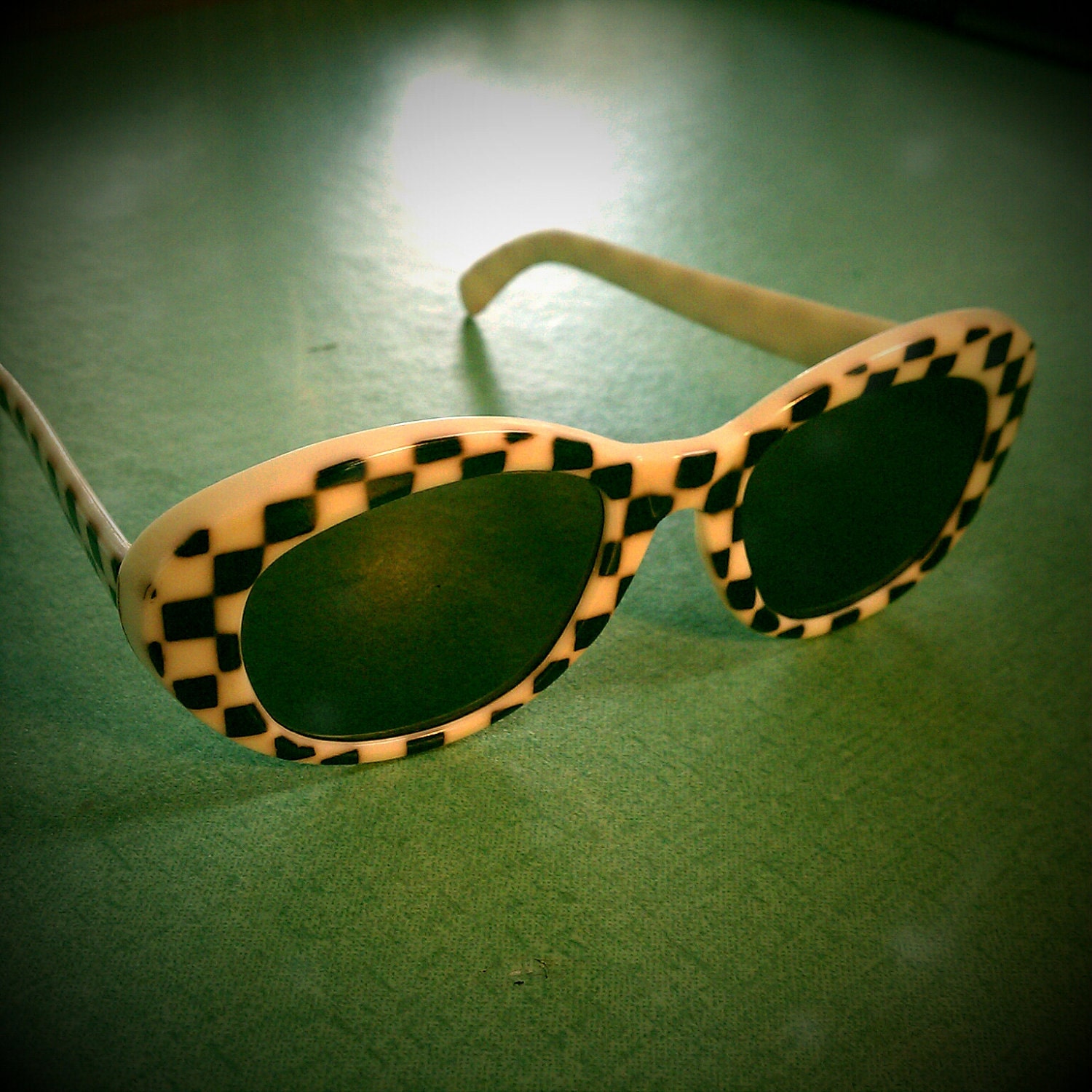 Vintage Italian Cat Eyed Checker Sunglasses Green Lenses