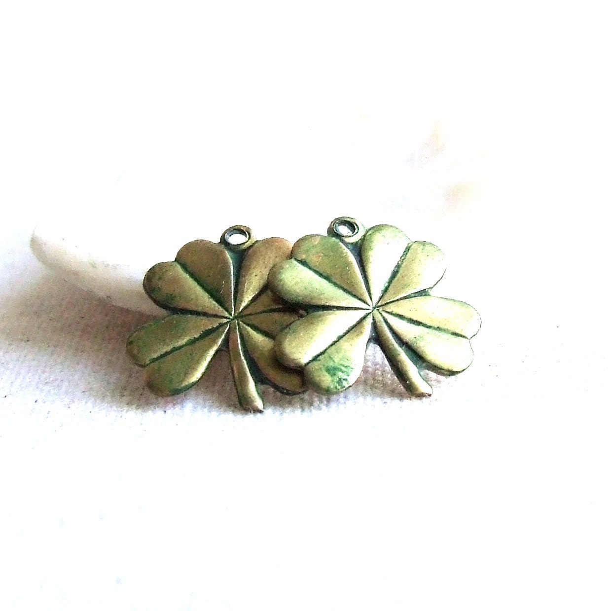 Green Patina Brass Four Leaf Clovers - 2 pcs. - Made in Ireland