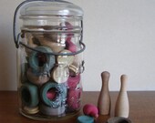 Vintage Wooden Pieces Assortment in Glass Jar - Assemblage Collage or Display