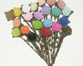 One Dollar Each, Set of 22, Flower Bobby Pins in Purple, Green, Blue, Salmon, Pink, Black, Red, White, Yellow, and Bronze Filigree