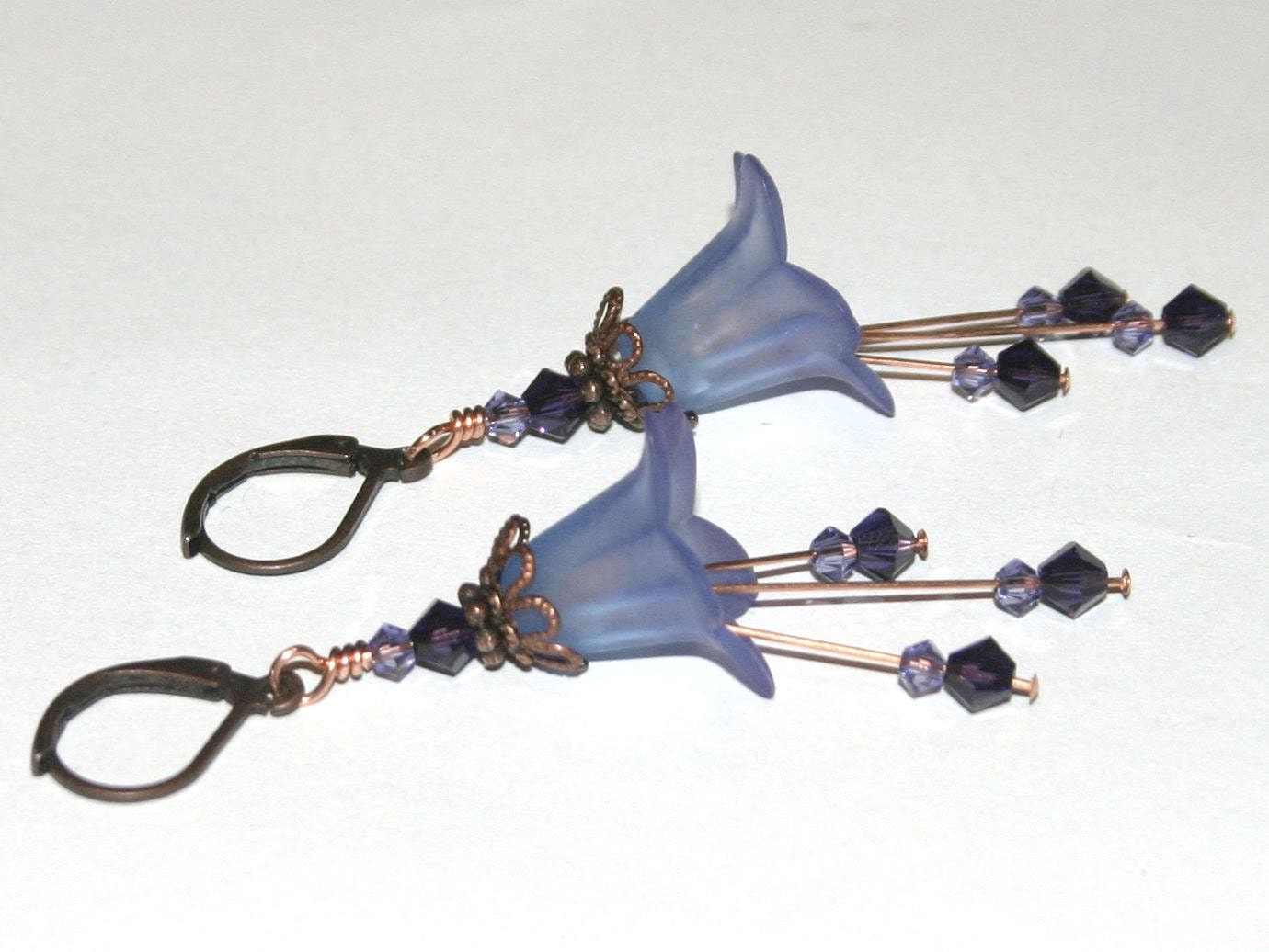 Flower Earrings, Vintage Inspired Hand Dyed Lucite Lily Earrings in Blue and Purple