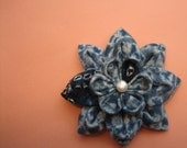 Blue Hair Flower or Brooch: Kanzashi Indigo and White Vintage Shibori Cotton OOAK