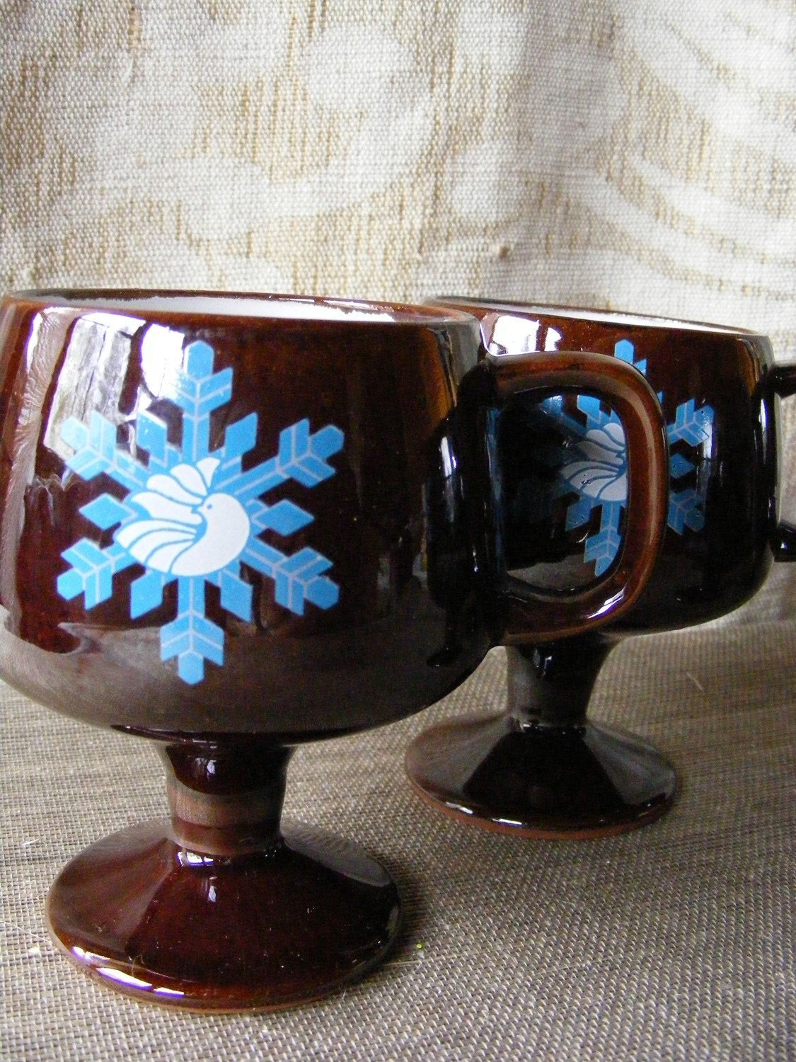 70s Scandinavian Mugs Winter SNOWFLAKE & DOVE Set of 4 Pedestal Mugs, Japan - Brown Blue, Holiday