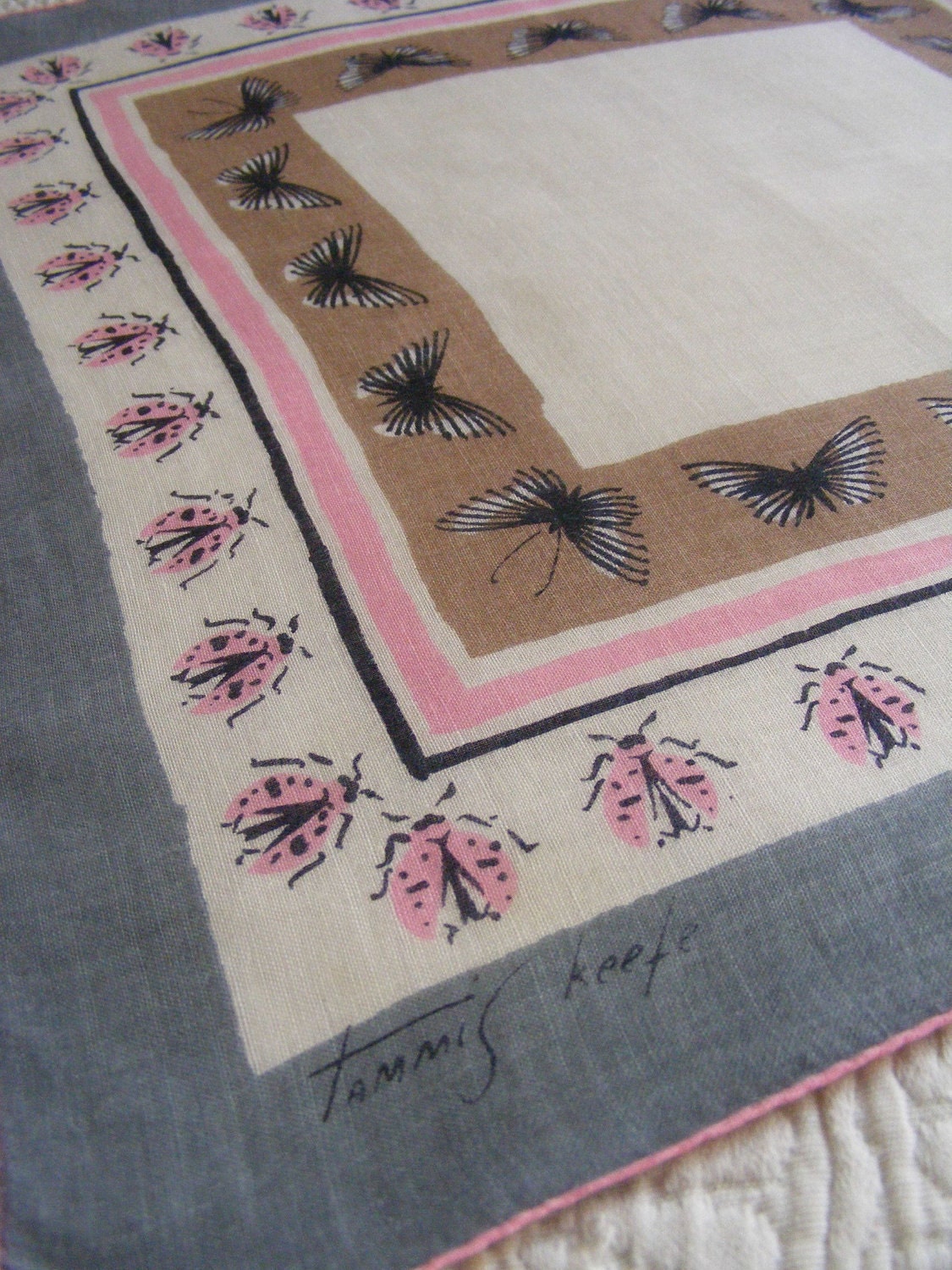 Vintage Tammis Keefe Handkerchief LADYBUG & BUTTERFLY 50s STUNNING Hanky Pink, Gray, Cocoa Brown, Black