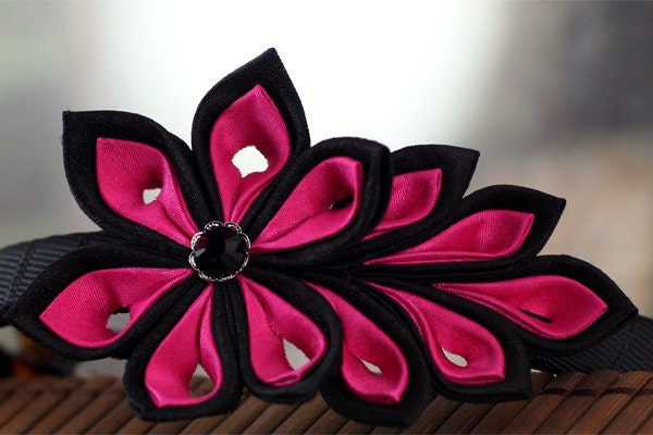 Pink and Black Flower Headband: Hair Accessories, Silk Kanzashi - Pink Noir Rose