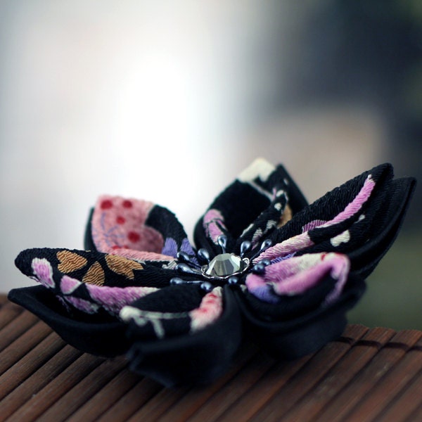 Clip: Hair Flowers, Kanzashi Alligator Hair Clip, Purple Pink and Black - Night Blossom