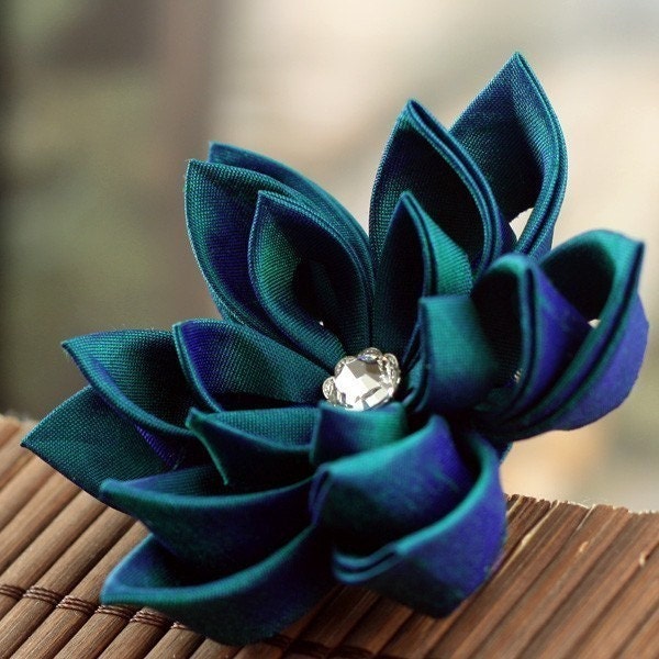 Royal Emerald Kanzashi Style Silk Flower Brooch by PetalMix