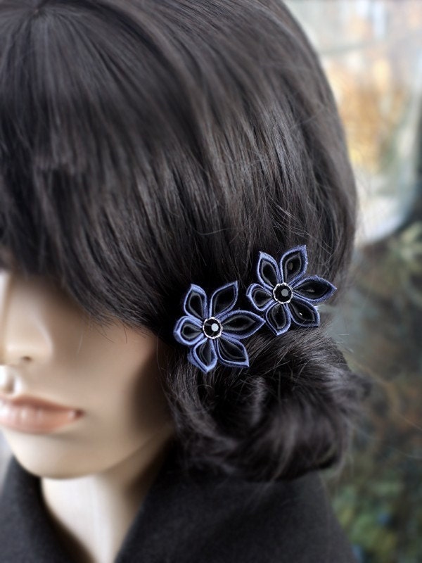 Flower Bobby Pins: Kanzashi Hair, Geisha, Blue and Black Silk - Night Storm
