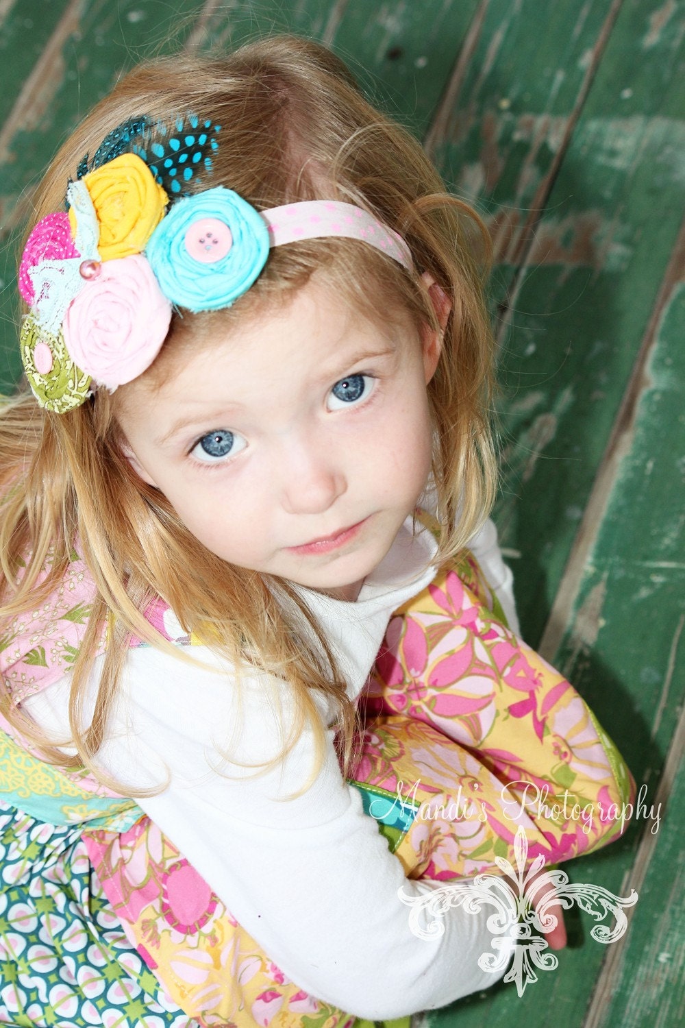 Emmylou rosette cluster hairpiece headband with lace, feathers, buttons, and beads