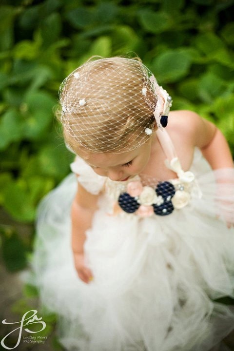Baileigh bib necklace and fascinator with mini blusher veil set vintage rosette peach cream pearls navy French netting child size