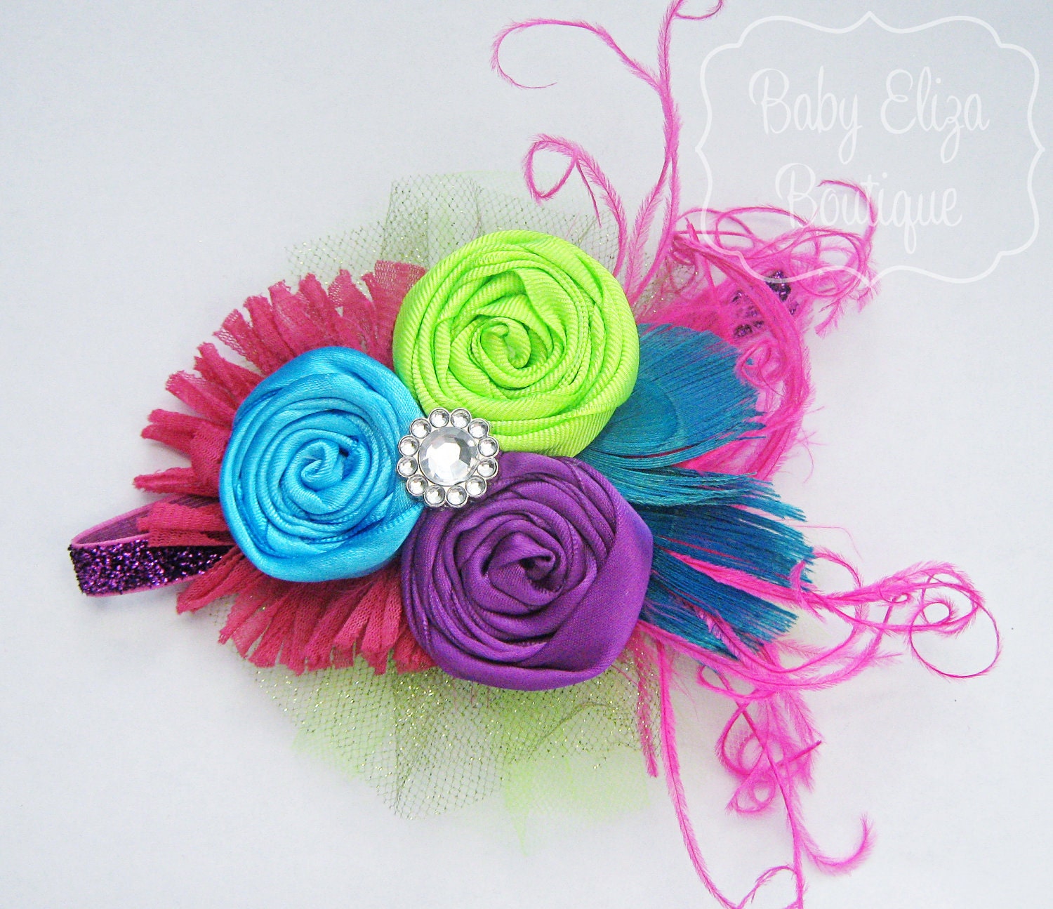 Bonbon headband rosettes feathers glitter bling