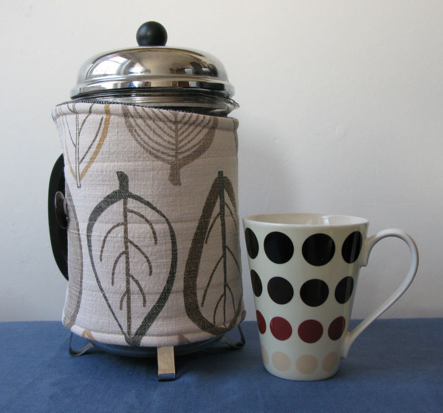 Extra large french press coffee pot cozy, upcycled fabric leaves print