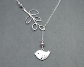 Bird Necklace 'Lydia in Grey' - Silver Branch & Bird Lariat Necklace with Sterling Silver, Bird Jewelry