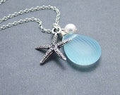 Aqua Glass Silver Starfish Necklace, Starfish Jewelry, Glass Pearl - Sterling Silver Chain
