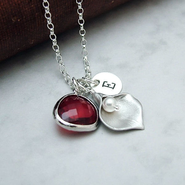 Personalized Calla Lily Necklace with Red Glass, Custom Initial Necklace, Bridesmaid Jewelry