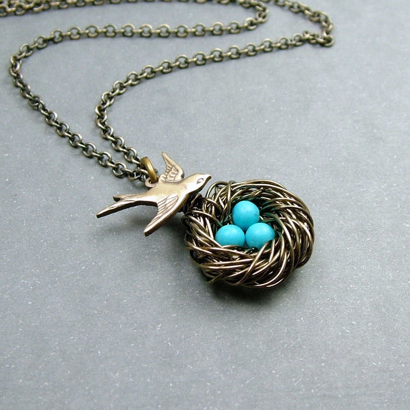 Turquoise Bird Nest Necklace with Swallow in Antiqued Brass