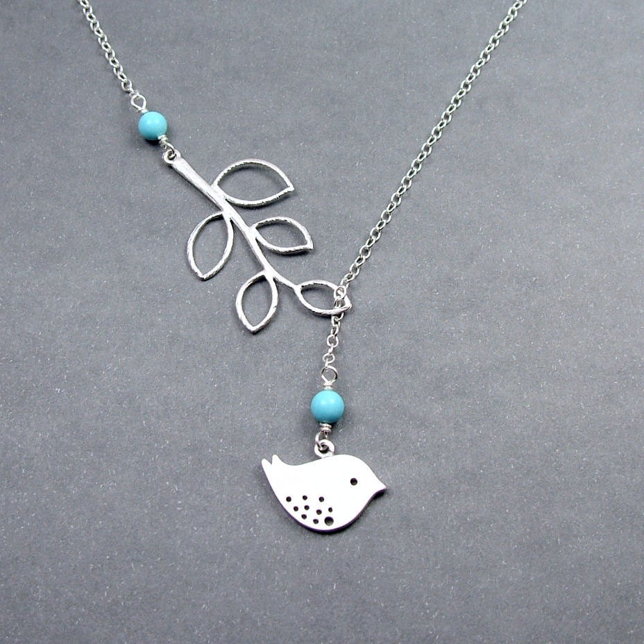 Turquoise Bird and Branch Lariat Necklace Sterling Silver Chain