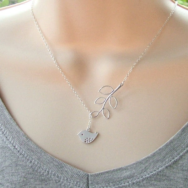 Bird Necklace with Branch 'Melody' - Bird Lariat, Sterling Silver Chain