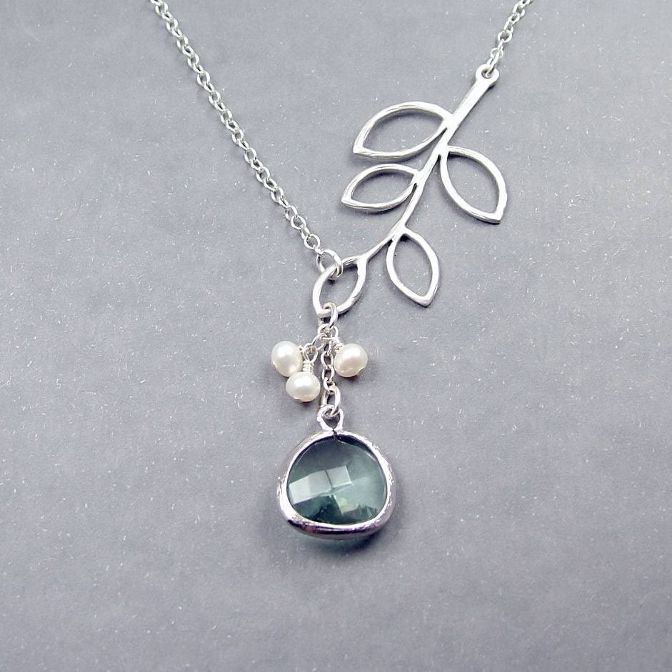 Glass Drop and  Branch Pendant Necklace - 'Florence Pale Green'  Freshwater Pearls and Sterling Silver Chain