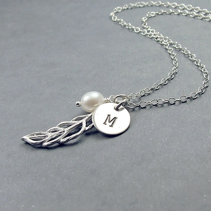 Personalized Leaf Necklace, Freshwater Pearl and Initial - Sterling Silver Disc and Chain
