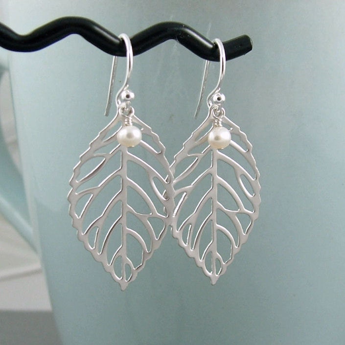 Leaf Earrings with Freshwater Pearls Sterling Silver Earwires