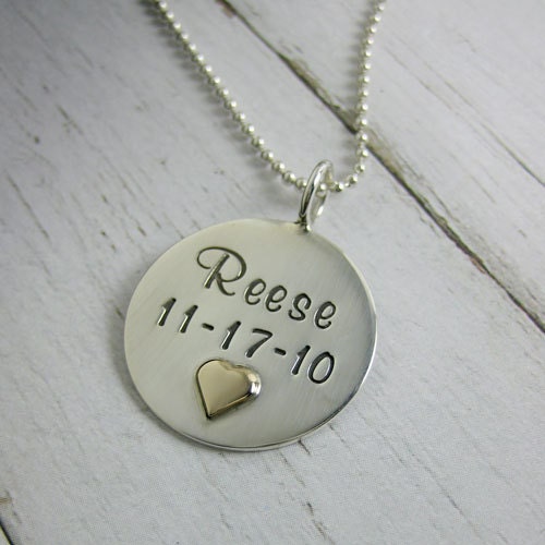 Handstamped Mom Necklace - Sterling Personalized Jewelry - Name Birthdate Solid Gold Heart