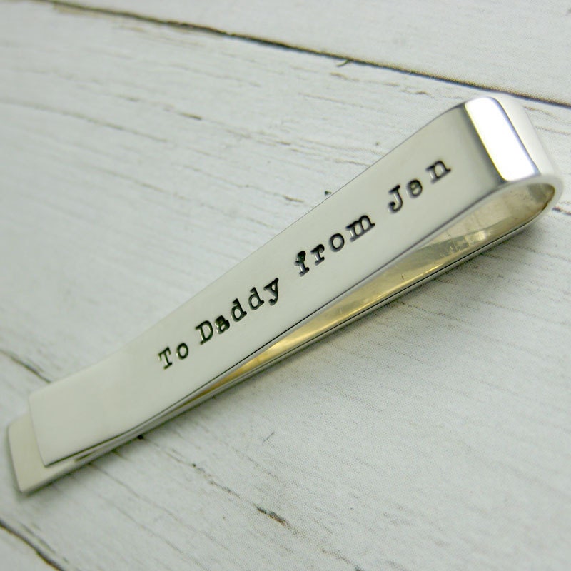 Personalized Tie Clip for Daddy - Silver Tie Bar Engraved / Hand Stamped