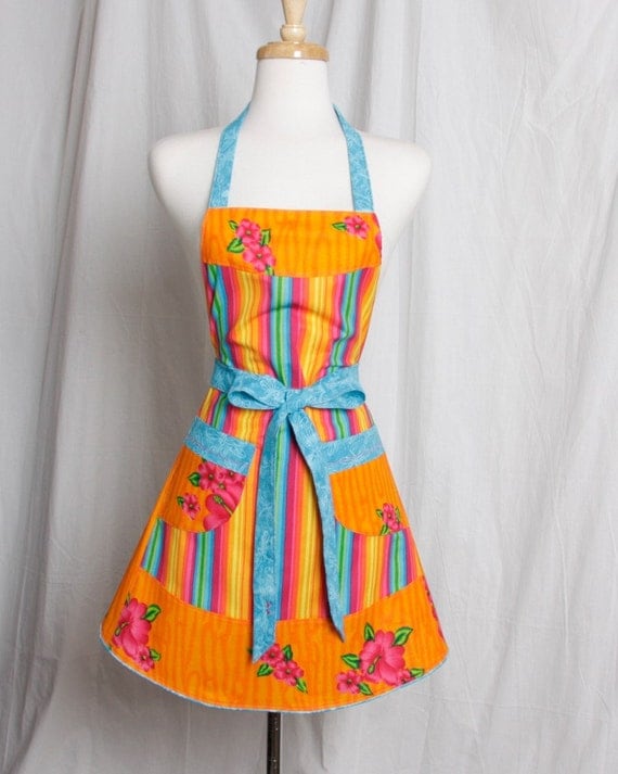 Vintage inspired Apron Retro Style Bold and Beautiful Stripes Hibiscus and Dragonflies