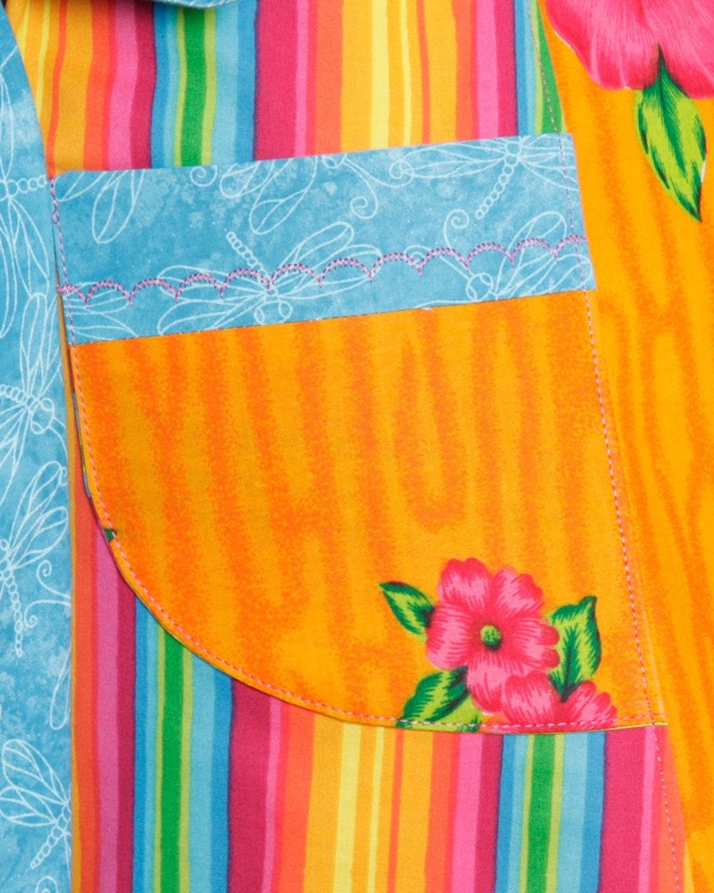 Vintage inspired Apron Retro Style Bold and Beautiful Stripes Hibiscus and Dragonflies