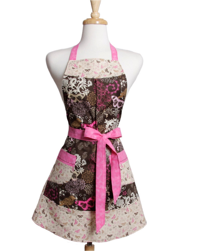 Full Apron, brown and pink butterflies birds and scrolls