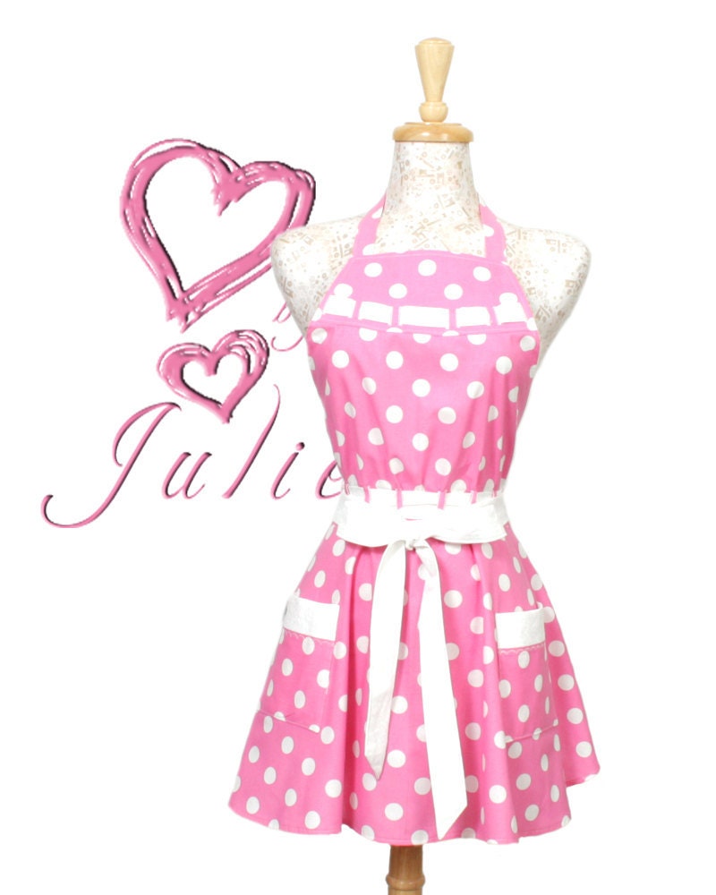 Polka dot Apron, Vintage inspired Pink and White Polka Dot Circle Skirt Apron