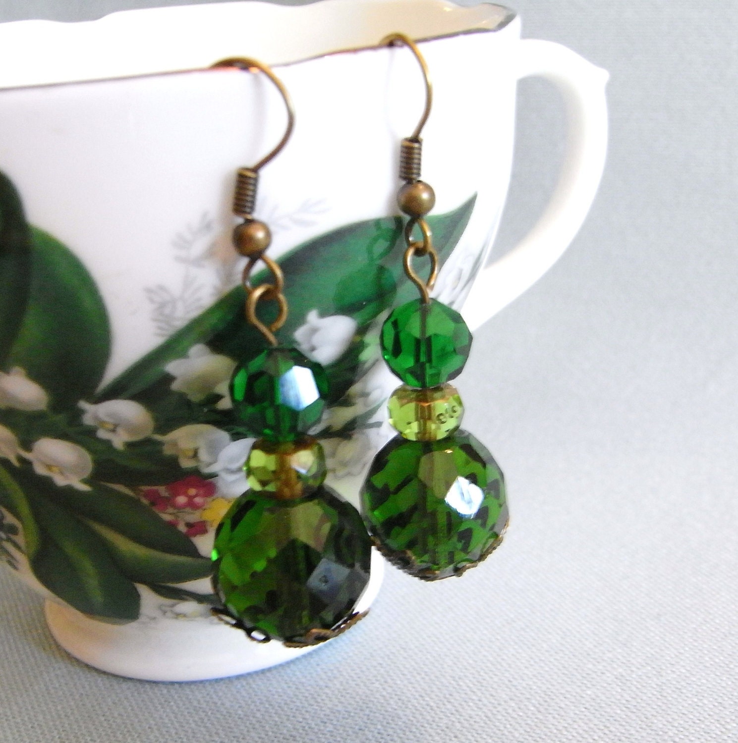 green earrings, emerald green beaded,  fire polished beads, colour therapy, Emerald-esque by Starzyia