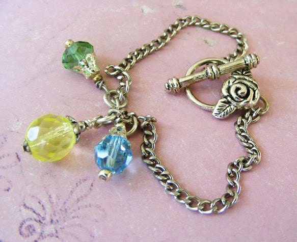 SALE Glass Bead Drop Charm Bracelet in Antique Silver Green, Blue, Yellow