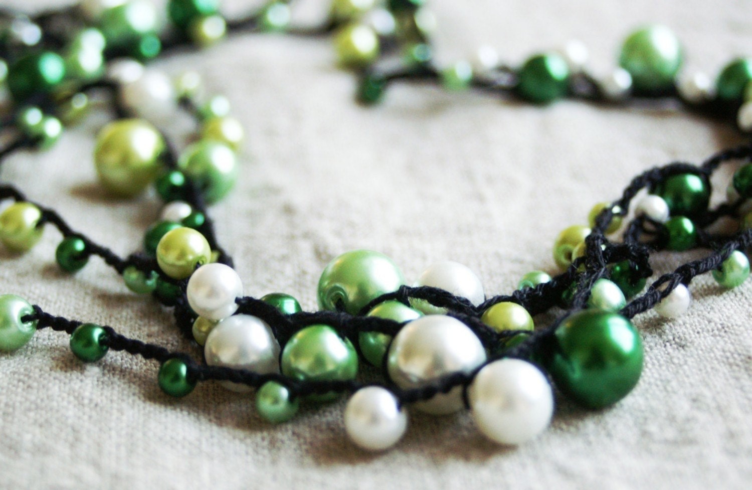 Versatile crocheted necklace / bracelet - Glass pearl beads  - shades of green and white - cotton thread - Free Worldwide Shipping